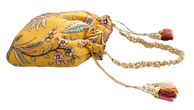 DUCHESS Women's Embroidered Polti Bag with Pearl Handle and Tassel - Bridal Ethnic Traditional Casual Purse/Clutch/Handbag, (21 L X 2 W X 23 H C, Lemon) - Image 4