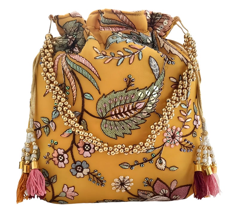 DUCHESS Women's Embroidered Polti Bag with Pearl Handle and Tassel - Bridal Ethnic Traditional Casual Purse/Clutch/Handbag, (21 L X 2 W X 23 H C, Lemon) - Image 1