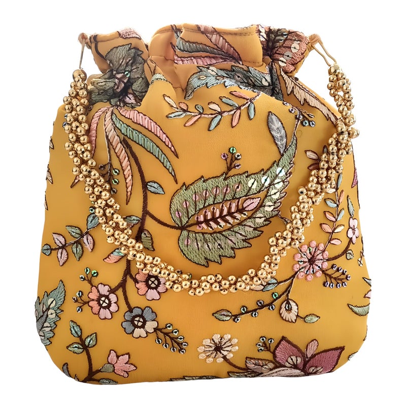 DUCHESS Women's Embroidered Polti Bag with Pearl Handle and Tassel - Bridal Ethnic Traditional Casual Purse/Clutch/Handbag, (21 L X 2 W X 23 H C, Lemon) - Image 3