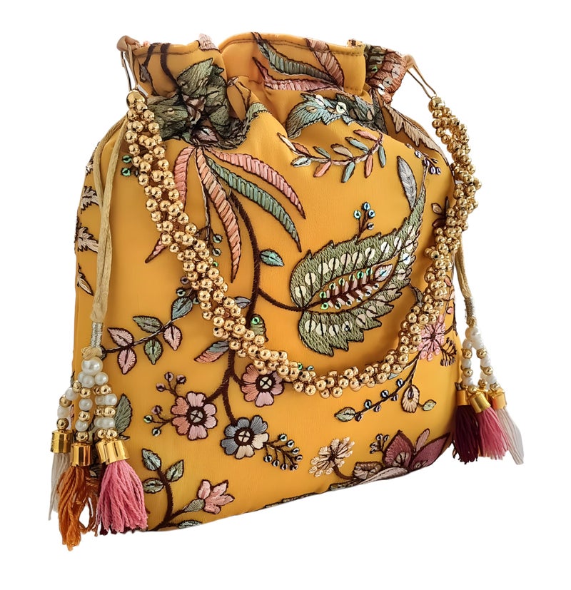 DUCHESS Women's Embroidered Polti Bag with Pearl Handle and Tassel - Bridal Ethnic Traditional Casual Purse/Clutch/Handbag, (21 L X 2 W X 23 H C, Lemon) - Image 2