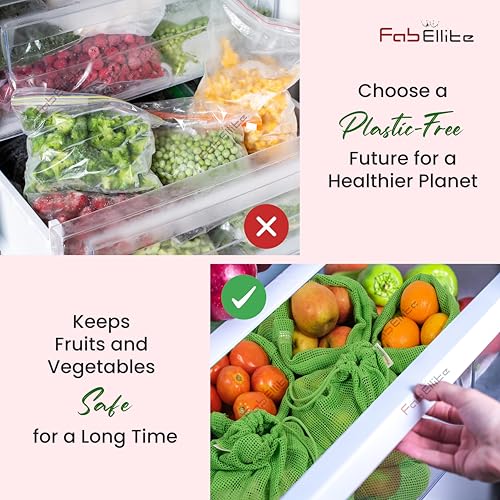 Fab Ellite Cotton Fridge Storage Bags | Set of 6 Eco-Friendly Natural Mesh Net Vegetable Bags with Drawstring | Reusable Cotton Pouches for Fruits & Sabji Storage in Fridge - Image 4