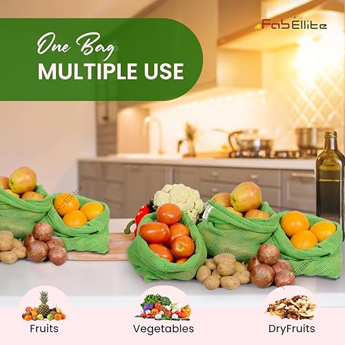Fab Ellite Cotton Fridge Storage Bags | Set of 6 Eco-Friendly Natural Mesh Net Vegetable Bags with Drawstring | Reusable Cotton Pouches for Fruits & Sabji Storage in Fridge - Image 3
