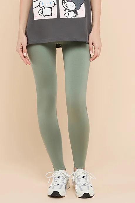 أر أند بي Solid Leggings with Elastic Waist