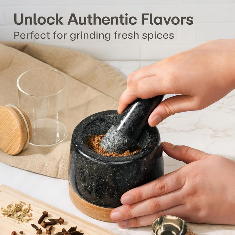 Praknu Mortar and Pestle Set Small - Heavy-Duty 1 Cup Stone Grinder for Spices & Herbs - Durable Granite Molcajete - Guacamole Bowl with Non-Slip Wooden Base - Effortless Grinding & Easy to Clean - Image 2