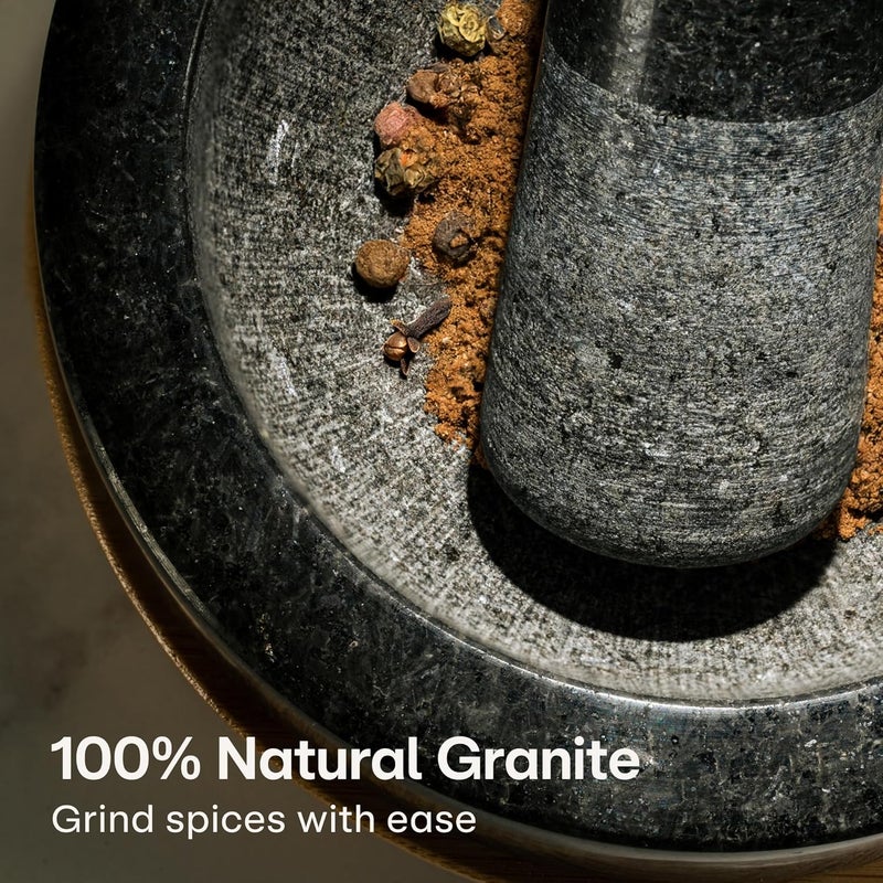Praknu Mortar and Pestle Set Small - Heavy-Duty 1 Cup Stone Grinder for Spices & Herbs - Durable Granite Molcajete - Guacamole Bowl with Non-Slip Wooden Base - Effortless Grinding & Easy to Clean - Image 3
