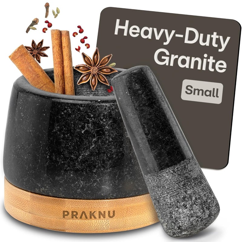 Praknu Mortar and Pestle Set Small - Heavy-Duty 1 Cup Stone Grinder for Spices & Herbs - Durable Granite Molcajete - Guacamole Bowl with Non-Slip Wooden Base - Effortless Grinding & Easy to Clean - Image 1