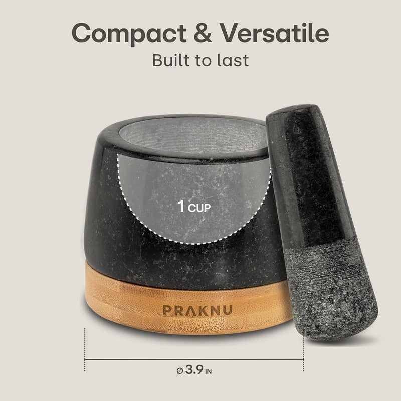 Praknu Mortar and Pestle Set Small - Heavy-Duty 1 Cup Stone Grinder for Spices & Herbs - Durable Granite Molcajete - Guacamole Bowl with Non-Slip Wooden Base - Effortless Grinding & Easy to Clean - Image 4