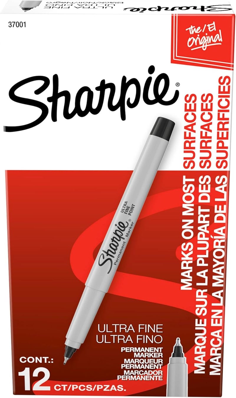 Sharpie علامات دائمة، طرف فائق الدقة، أسود، 12 قطعة - للصف الدراسي، المكتب، المنزل، جفاف سريع، مقاوم للتلاشي، مناسب للخشب، البلاستيك، الورق، المعدن، مثالي للملصقات، الرسم، التلوين - Image 1