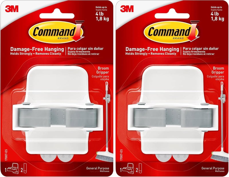 Command Broom Gripper White and grey color, 1 hook + 2 strips/pack | Holds 1.8 kg each hook | Organize | Decoration | No Tools | Holds Strongly | Damage-Free Hanging (Pack of 2) - Image 1
