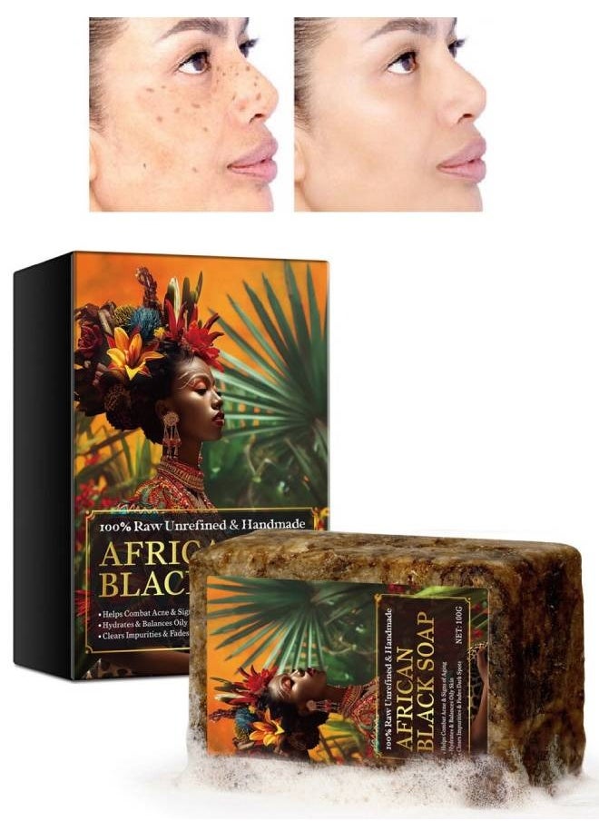 Elaimei 100g African Black Soap for Face and Body Wash with Shea Butter Fade Dark Spots and Acne Spots Anti Aging Hydrates Balance Oily Skin 100% Raw Organic Unrefined and Handmade African Black Soap  - Image 1