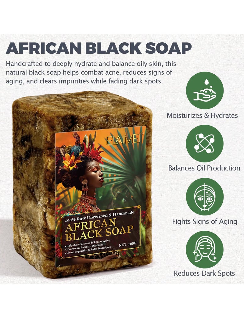Elaimei 100g African Black Soap for Face and Body Wash with Shea Butter Fade Dark Spots and Acne Spots Anti Aging Hydrates Balance Oily Skin 100% Raw Organic Unrefined and Handmade African Black Soap  - Image 2