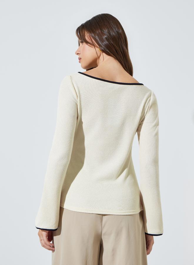 Styli Cream Boat Neck Knit Top with Tipping Detail - Image 4