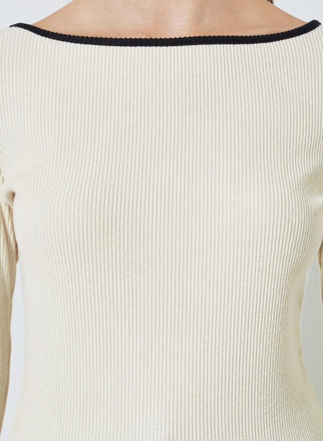 Styli Cream Boat Neck Knit Top with Tipping Detail - Image 3