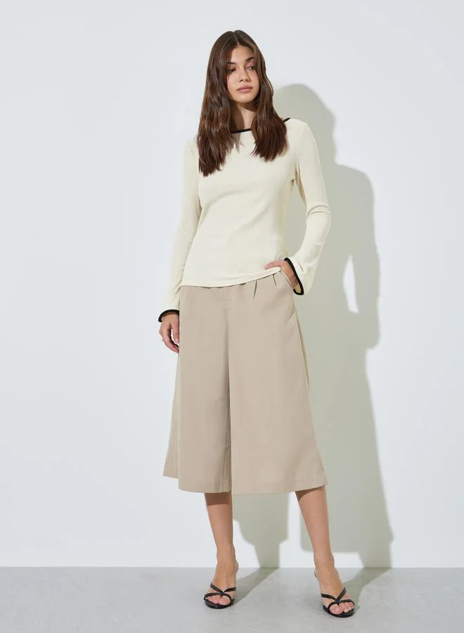 Styli Cream Boat Neck Knit Top with Tipping Detail