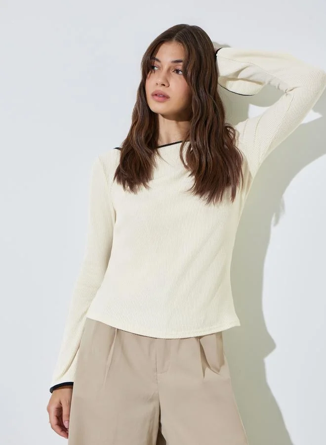 Styli Cream Boat Neck Knit Top with Tipping Detail