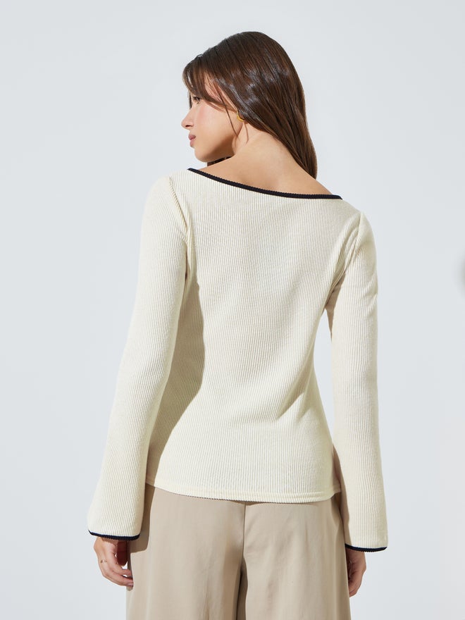Styli Cream Boat Neck Knit Top with Tipping Detail - Image 4