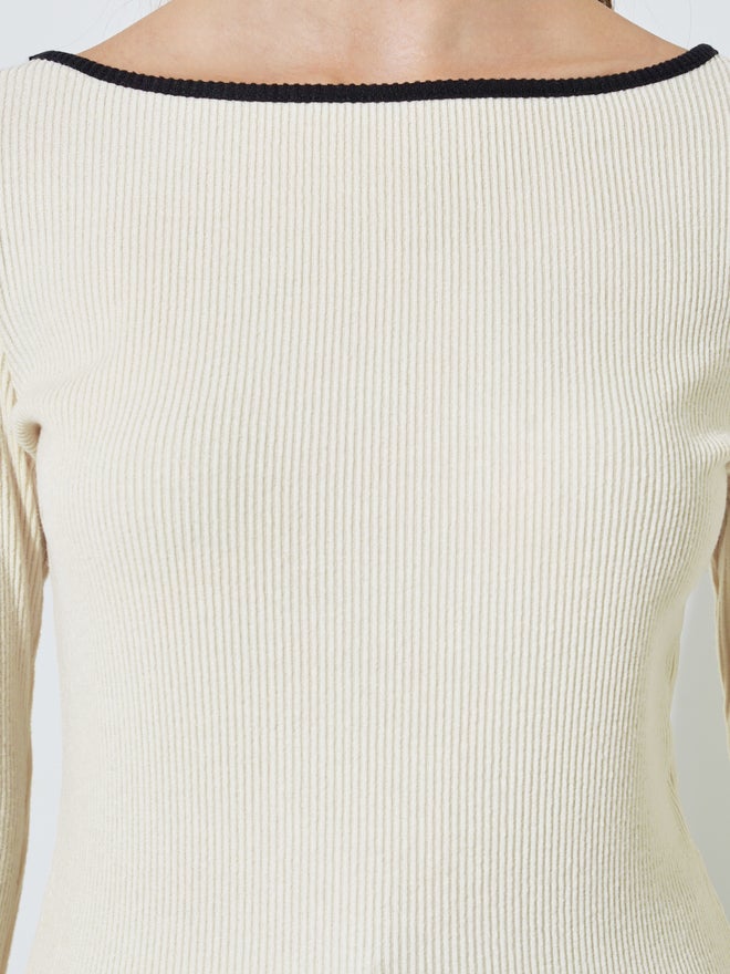 Styli Cream Boat Neck Knit Top with Tipping Detail - Image 3