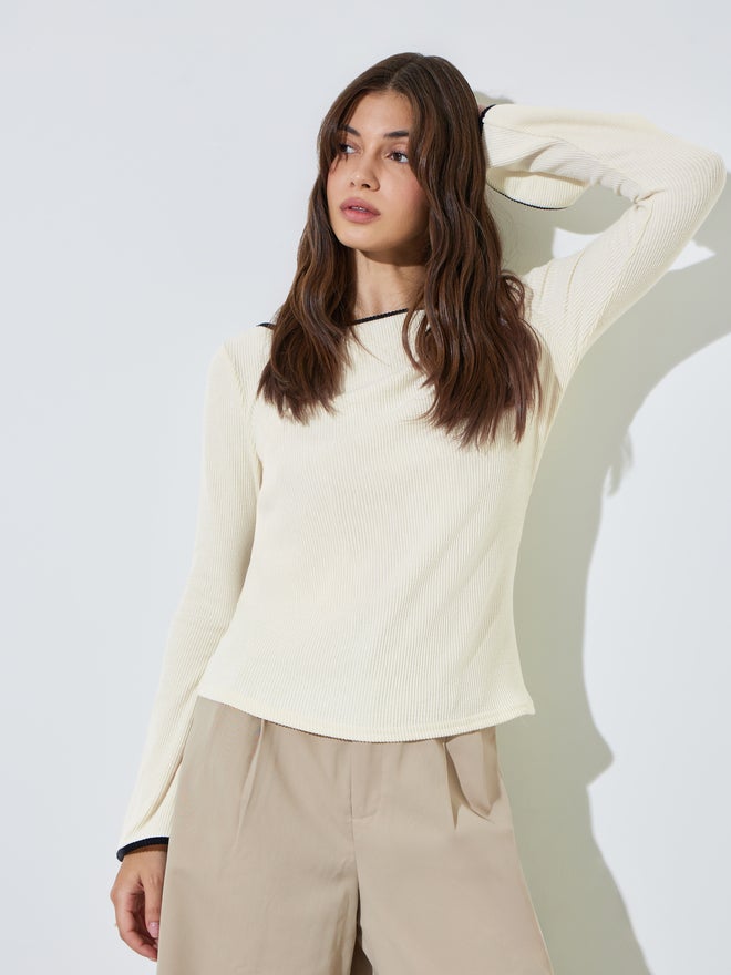 Styli Cream Boat Neck Knit Top with Tipping Detail - Image 1