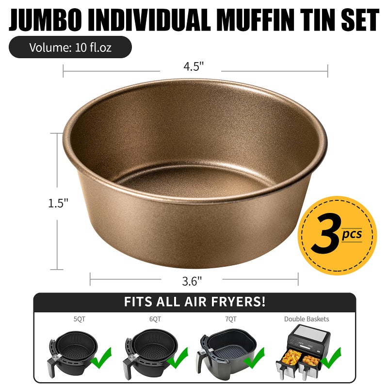 Yomvzake Air Fryer Mini Pie Pan Tart Tins Jumbo Muffin Cupcake Pan 4 Inch Air Fryer Hamburger Bun Mold 3Pcs Non-Stick Air Fryer Egg Baking Pan Individual Pazookie Mini Cake Pans For Baking - Image 3