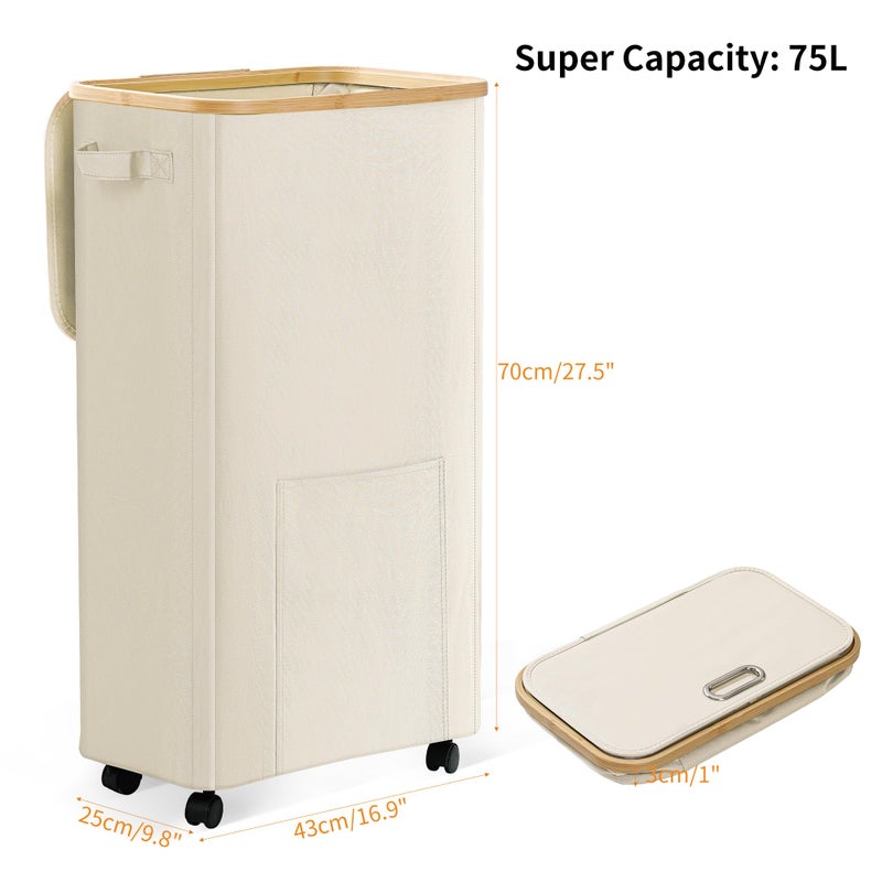 Vincona Laundry Basket with Wheels, Dirty Clothes Hamper on Wheels, Rolling Tall Laundry Hamper with lid for Laundry Room, Dorm and Bathroom, 75L Beige - Image 2