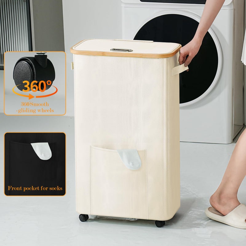 Vincona Laundry Basket with Wheels, Dirty Clothes Hamper on Wheels, Rolling Tall Laundry Hamper with lid for Laundry Room, Dorm and Bathroom, 75L Beige - Image 4