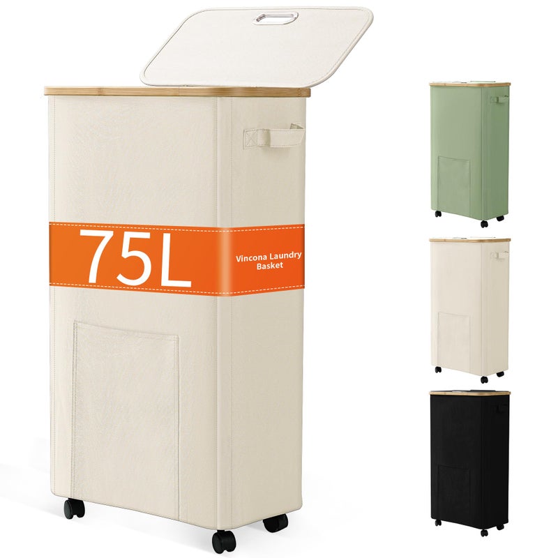 Vincona Laundry Basket with Wheels, Dirty Clothes Hamper on Wheels, Rolling Tall Laundry Hamper with lid for Laundry Room, Dorm and Bathroom, 75L Beige - Image 1