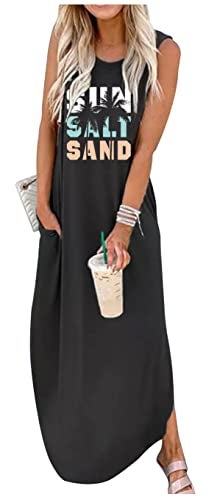 CHUNTIANRAN Women's Maxi Dress Summer Casual Sundress Sleeveless Long Dresses Hawaiian Beach Maxi Dresses with Pockets(Sun Salt Black,Large) - Image 3