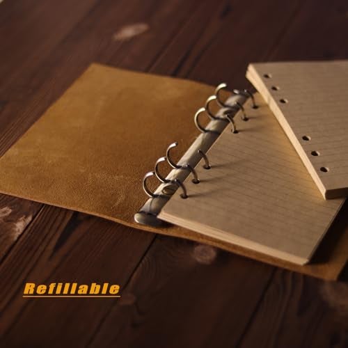 Fishknow Fishkonw A6 Vintage Leather Journal Notebook,Small 6 Ring Refillable Leather Binder Notebook Travel Journal for Women&Men - Image 4