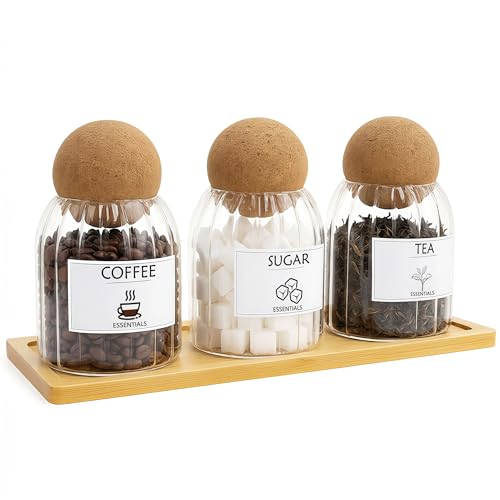 GYOSUGANG Glass Jar Storage Container with Ball Cork, 3PCS Round Glass Canisters with Tray & Labels, Small Glass Jars for Food Sugar Candy Coffee Tea Nuts - Style 2(500ml/17oz) - Image 1