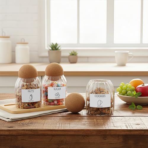 GYOSUGANG Glass Jar Storage Container with Ball Cork, 3PCS Round Glass Canisters with Tray & Labels, Small Glass Jars for Food Sugar Candy Coffee Tea Nuts - Style 2(500ml/17oz) - Image 3