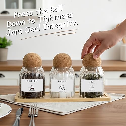GYOSUGANG Glass Jar Storage Container with Ball Cork, 3PCS Round Glass Canisters with Tray & Labels, Small Glass Jars for Food Sugar Candy Coffee Tea Nuts - Style 2(500ml/17oz) - Image 2