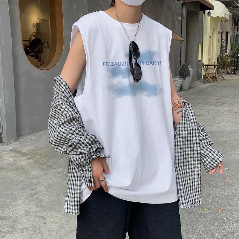 Factory wholesale sleeveless T-shirt summer short sleeve Hong Kong style ins loose trendy waistcoat outer wear bottoming sports vest for men Black - Image 2