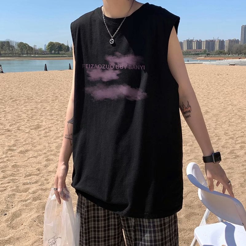 Factory wholesale sleeveless T-shirt summer short sleeve Hong Kong style ins loose trendy waistcoat outer wear bottoming sports vest for men Black - Image 1