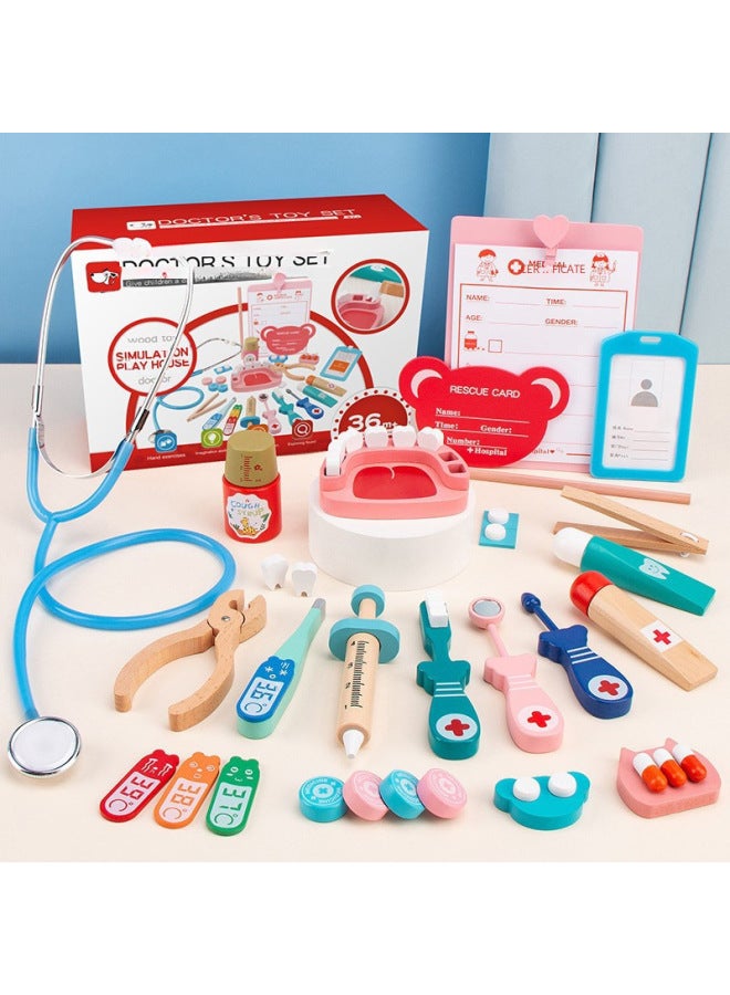 مجموعة لعب طبيب الأطفال ألعاب خشبية سماعة طبيب هدية مجموعة أدوات تعليمية للأطفال الصغار أدوات طبية للأطفال - اللون: صندوق أزرق اللون مجموعة طبيب - Image 2