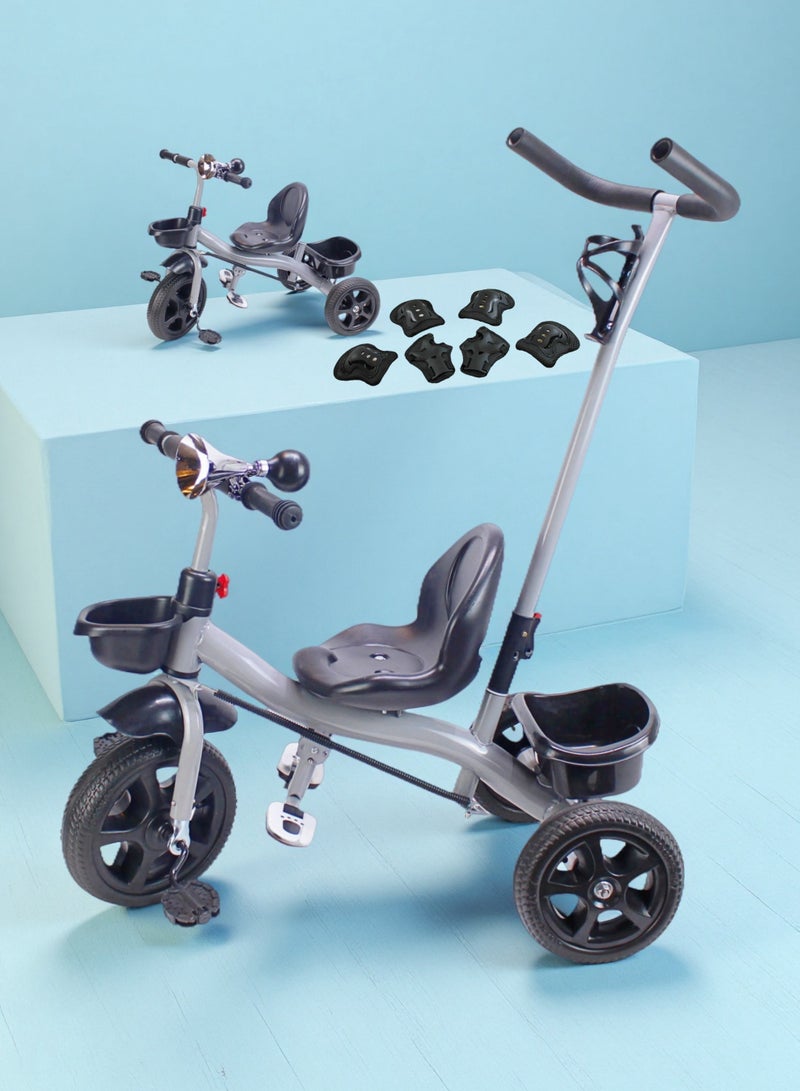 إيزي فيتشور دراجة ثلاثية العجلات للأطفال من EASY FUTURE مع مقبض دفع للوالدين وسلة تخزين لعبة دراجة للأطفال خيارات الألوان: رمادي، أحمر، وردي تتضمن العبوة مجموعة معدات الحماية - Image 1