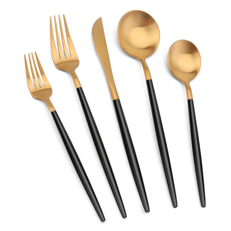 Matte Gold Silverware Set with black handle Vanys 20 Piece Stainless Steel Cutlery Flatware Set Kitchen Utensil Sets for 4 Tableware With Knife Spoons And Forks Set Satin Finished Polished