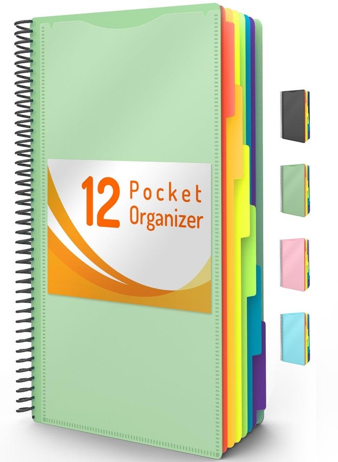 Forvencer 12 Pocket Project Organizer, Forvencer 1/6-cut Tab Binder Organizer with Sticky Labels, Multi Pocket Folder with Zipper Pouch, Folder Binder Spiral Pocket Notebook, Office Supplies, Antique Green - Image 1