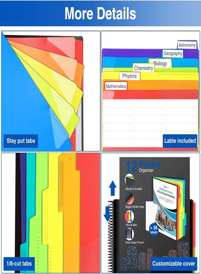 Forvencer 12 Pocket Project Organizer, Forvencer 1/6-cut Tab Binder Organizer with Sticky Labels, Multi Pocket Folder with Zipper Pouch, Folder Binder Spiral Pocket Notebook, Office Supplies, Antique Green - Image 5