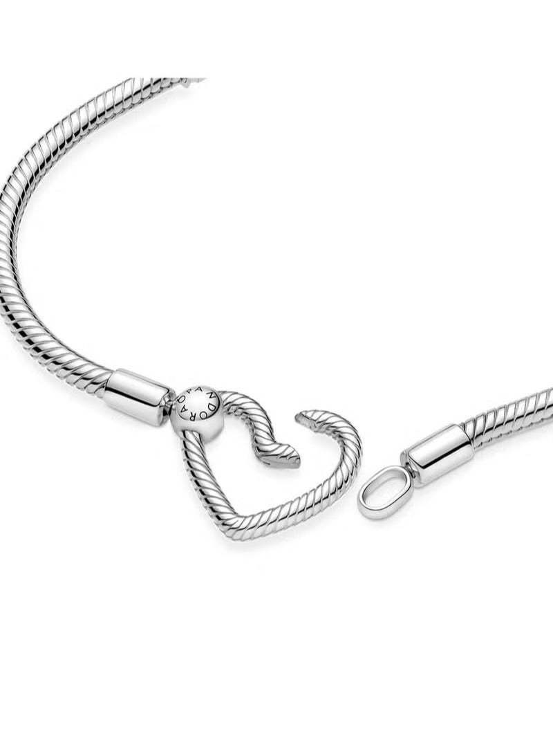 بندورا باندورا على شكل قلب الأفعى قفل سلسلة أساور فضة - Image 4