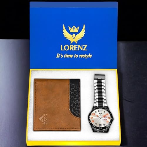 LORENZ Combo of Silver Dial Analog Watch & Tan Wallet for Men- CM-3051WL-29 - Image 2