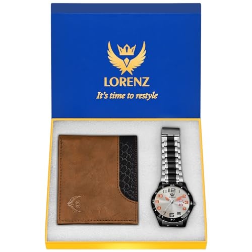 LORENZ Combo of Silver Dial Analog Watch & Tan Wallet for Men- CM-3051WL-29 - Image 1