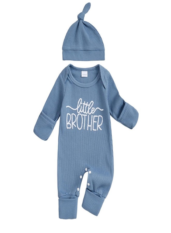 Yoawdats Newborn Little Brother Romper Baby Boy Letter Embroidery Waffle Knit Outfit With Hat Fall Winter Infant Clothes Set (Blue a, 0-3 Months) - Image 1