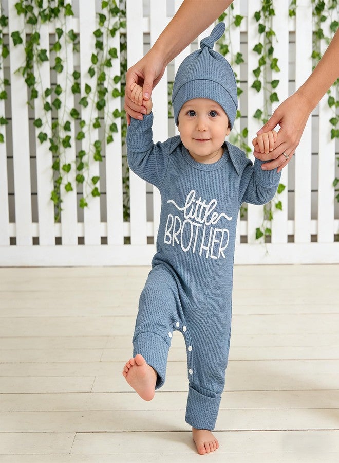 Yoawdats Newborn Little Brother Romper Baby Boy Letter Embroidery Waffle Knit Outfit With Hat Fall Winter Infant Clothes Set (Blue a, 0-3 Months) - Image 3