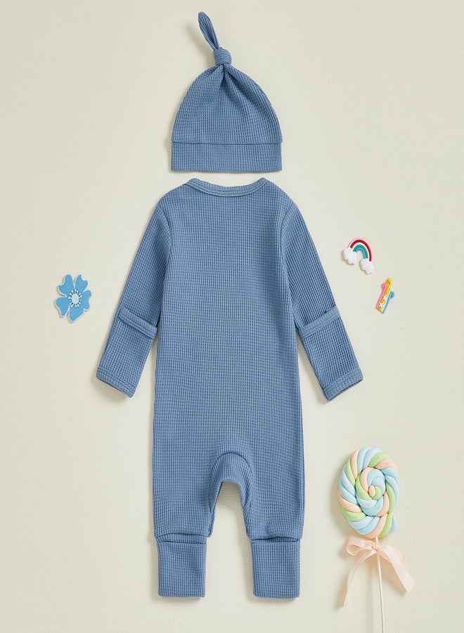 Yoawdats Newborn Little Brother Romper Baby Boy Letter Embroidery Waffle Knit Outfit With Hat Fall Winter Infant Clothes Set (Blue a, 0-3 Months) - Image 4
