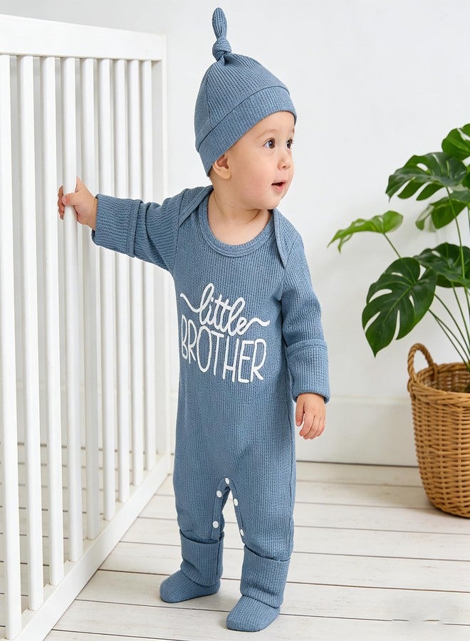 Yoawdats Newborn Little Brother Romper Baby Boy Letter Embroidery Waffle Knit Outfit With Hat Fall Winter Infant Clothes Set (Blue a, 0-3 Months) - Image 2