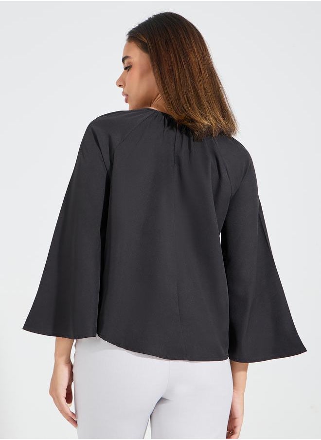Solid Round Neck Top with Flute Sleeve