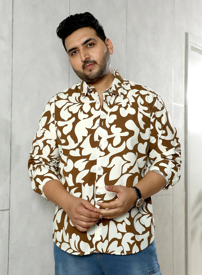 Instafab Plus Instafab Plus Men's Brown Contrast-Botanics Imprint Shirt | Spread Collar , Long Cuffed Sleeves , Button Closure , Curved Hemline | Floral-Print Plain Polyester Blend For Street & Casual Wear