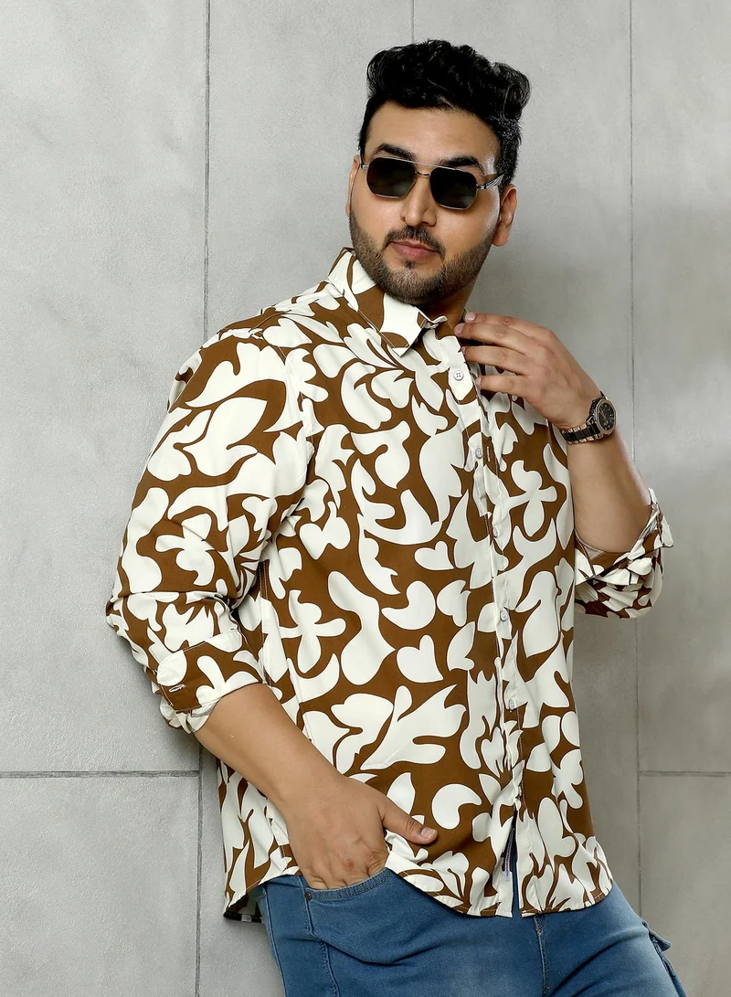 Instafab Plus Instafab Plus Men's Brown Contrast-Botanics Imprint Shirt | Spread Collar , Long Cuffed Sleeves , Button Closure , Curved Hemline | Floral-Print Plain Polyester Blend For Street & Casual Wear