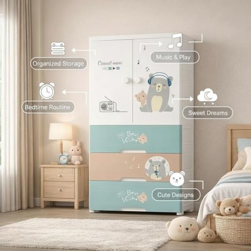 SNKR ESSENTIALS Kids Plastic Wardrobe with Drawers | Baby Cupboard for Clothes Storage | Cartoon Bear Design Children Almirah | Multi-Layer Kids Storage Cabinet for Bedroom & Nursery - Image 5
