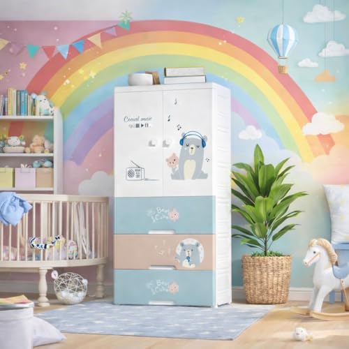 SNKR ESSENTIALS Kids Plastic Wardrobe with Drawers | Baby Cupboard for Clothes Storage | Cartoon Bear Design Children Almirah | Multi-Layer Kids Storage Cabinet for Bedroom & Nursery - Image 1